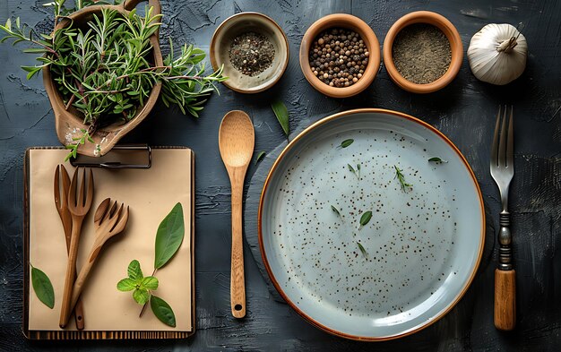 Stół z naczyniami i ziołami